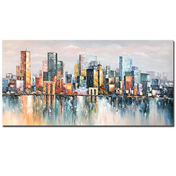Bouvy Art,24x48Inch 100% Hand Painted Cityscape Modern Building Oil Painting on Canvas City Skyline Wall Art Framed Abstract Urban Landscape Artwork Oil Hand Paintings for Dinning Room Office