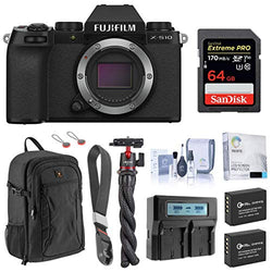 Fujifilm X-S10 Mirrorless Digital Camera, Black (Body Only) - Bundle with 64GB SD Card, Backpack, 2X Extra Battery, Dual Charger, Wrist Strap, Octopus Tripod and Accessories