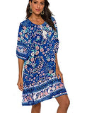 Women's Summer Casual Bohemian Neck Tie Vintage Printed Ethnic Tunic Boho Dress (Light Blue,M)