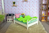 1:12 scale doll bed, dollhouse bedroom furnishing. White bed green mattress pillows blanket