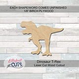 Trex Dinosaur Wooden Cutouts for crafts, Laser Cut Wood Shapes 5mm thick Baltic Birch Wood, Multiple Sizes Available