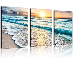 TutuBeer 3 Panel Canvas Wall Art for Home Decor Blue Sea Sunset White Beach Painting The Picture Print On Canvas Seascape The Pictures for Home Decor Decoration,Ready to Hang