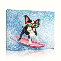 B BLINGBLING Surfing Dog Canvas Wall Art Painting Dog Wearing Sunglasses Surf in Teal and Blue Wave Picture Print Home Decor for Bathroom Framed Easy to Hang (12"x16"x1 Panel)