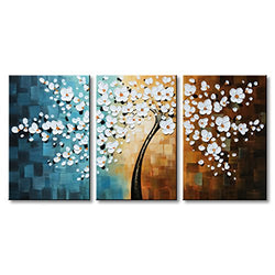 Winpeak Art Hand-Painted Abstract Oil Painting Modern Pictures Plum Blossom Artwork Floral Canvas Wall Art Hangings Stretched and Framed (60" W x 30" H (20"x30" x3pcs), White)