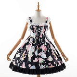 Smiling Angel Sweet Lolita Printed Rabbit Dress Sleeveless Chiffon Lace JSK Princess Dress (Black, L-XL)
