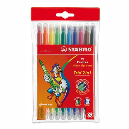 Stabilo Trio 2-in-1 Double-ended Coloring Felt-tip Pen, 0.5mm broad + 0.2mm fine tips - 10-Color
