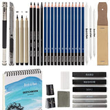 Sketchpad and Pencil Set - 36 Pieces - 12 Drawing Pencils, Fine Line Pens, Charcoal & Graphite Sticks, 100 Page Sketch Book, Sharpeners, Sandpaper Block, Blending Stumps, Erasers, Carrying Case & More