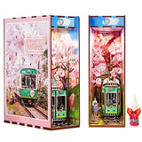 Book Nook Kit DIY 3D Wooden Puzzles Dollhouse Bookshelf Insert Diorama Decor Alley Cherry Blooming Season Personalized Assembled Bookends Build-Creativity Kit with Sensor Lights for Teens and Adults