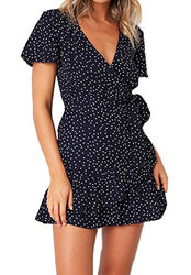 Relipop Summer Women Short Sleeve Print Dress V Neck Casual Short Dresses (Large, Navy Blue)