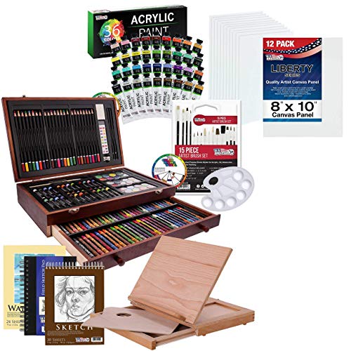 U.S. Art Supply Mega Wood Box Art Set with Solana Wood Easel, 36 Color Acrylic Aluminum Tube Paint, and 12 Pack of 8 X 10 inch Canvas Panel Boards