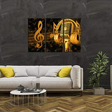 Biuteawal - Music Artistic Paintings Wall Art Gold Metal Microphone and Headset Note Picture Canvas Giclee Print Modern Home Studio Decor Stretched and Framed Ready to Hang