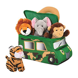 Jungle Animals Talking Plush Baby Toy – 5 Piece Small Stuffed Animals Set Including Safari Truck Carrier and Stuffed Monkey, Lion, Tiger & Elephant – These Mini Toys are Ideal for Boys and Girls