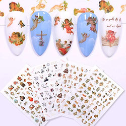 Angel Nail Stickers, 3D Self-Adhesive Baby Angels Nail Decals Baroque Flower Leaf Nail Art Stickers Colorful Mixed Angel Valentine's Day Nail Decorations for Women Girls (4 Sheets)