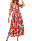 LAISHEN Women Casual Boho Floral Long Dress with Pockets Short Sleeve Tiered Maxi Summer Beach Swing Dresses 2023(Floral05,S)
