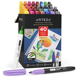 Arteza Colored Permanent Markers, Set of 40, 20 Earth Colors, Fine Tip and Brush Tip Paint Pens, Smear-Proof, Waterproof, for Stone, Plastic, Glass, and Wood