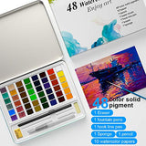 Watercolor Paint Set, Watercolour Paint Box with 48 Colors Pigment(12 Metallic Colors Pigment), 3 Pens, Eraser, Sponge, 10 Water Color Paper for Artists, Professionals, Painting, Beginner Painters
