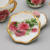 Odoria 1:6 Miniature 8PCS Porcelain Tea Cup Set Pink Rose Chintz with Gold Trim Dollhouse Kitchen Accessories