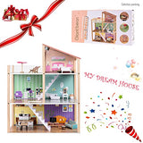 Wooden Dollhouse Dreamhouse with Light, 17pcs Furnitures, Movable Stairs, Pretend Play Toys for Girls & Toddlers, Gift for Ages 3+