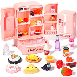 Dollhouse Refrigerator Mini Fridge Toy with Mini Food Set Dollhouse Kitchen Furniture Food Toys Dollhouse Miniatures Kitchen Decorations Bottles Fruits Desserts for Children (Lovely Style, 17 Pieces)