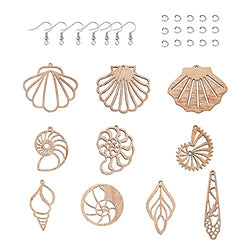 FASHEWELRY 80Pcs Unfinished Wooden Earrings Chamrs 8 Styles Natural Wood Filigree Shell Charms with 80Pcs Jump Rings & 80Pcs Earring Hooks for Jewelry Making