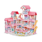 Dollhouse with Furniture Accessories 15 Rooms Pretend Play Doll House Pink Dreamhouse Movable Slides Stairs Pet & Dolls& Led lights for Toddlers 1:12 Scale Toy Playset Perfect Toddler Girls Kids' Toy
