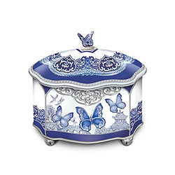 Blue Willow-Inspired Flights Of Love Heirloom Porcelain Butterfly Music Box by The Bradford