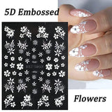 6PCs 5D Embossed Flower Nail Art Stickers Decals 3D Self-adhesive Three-dimensional Elegant Realistic White Pink Flowers Retro Three-dimensional Sliders For Nails Floral Petals Decor Nail Decorations for Women Girls 6 Sheets (White Flower)