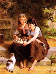Emile Munier Two Girls with A Basket of Kittens 1895-30" x 23" Fine Art Giclee Canvas Print (Unframed) Reproduction