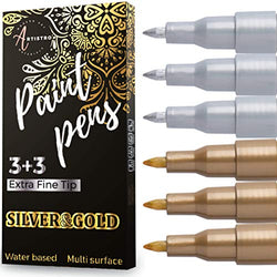 Paint Pens for Rock Painting, Stone, Ceramic, Wine Glass, Wood, Fabric, Canvas, Metal, Scrapbooking. (6 Pack) Set of 3 Gold & 3 Silver Acrylic Paint Markers Extra-Fine Tip 0.7mm