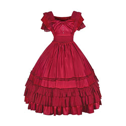 French Solid Elegant Court Lolita Dress Short Sleeve Ruffled Big Swing Dresss (S, MIQ007-2)