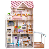 ROBOTIME Wood Dollhouse Pretend Play Doll House Toys w/Furniture, Movable Elevator, 5 Rooms, Balcony, Backyard, 13PCS, 47.44*11.81*40.94in, Gift for Toddlers Ages 3+…