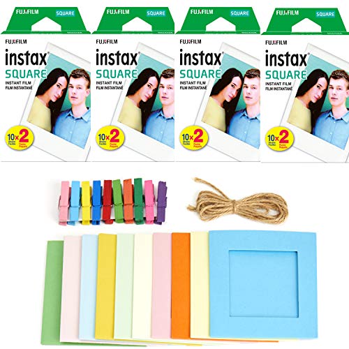 4X Fujifilm Instax Square Instant Film (80 Exposures) + Hanging Photo Frames for Square Film Assorted Colors – Deluxe Accessory Bundle