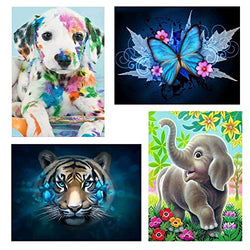 KoKoWill 4 Pack 5D Diamond Painting Kits for Adults,Round Full Drill Resin Beads Diamond Dots by Numbers Art Craft Set,Butterfly Dog Elephant and Tiger,11.81 x 15.75 inch