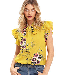Romwe Women's Floral Casual Short Sleeve Ruffle Trim Bow Tie Blouse Top Shirts Yellow XL