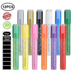 Paint Pens Glass Marker Liquid Chalk Markers Colored Arts Set Washable Erasable Permanent Pen Dry Wet Erase with Fine Point Tips for Rock Painting Stone Ceramic Glass Wood Fabric Canvas Metal DIY Craft Projects 12 Colors with 16 Chalkboard Labels