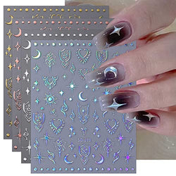 JMEOWIO 8 Sheets Aurora Holographic Moon Star Nail Art Stickers Decals Self-Adhesive Pegatinas Uñas Colorful Nail Supplies Nail Art Design Decoration Accessories