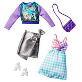 Barbie Fashions 2-Pack Clothing Set, 2 Outfits Doll Include Iridescent Sweatshirt, Silvery Metallic Skirt, Gingham Dress & 2 Accessories, for Kids 3 to 8 Years Old