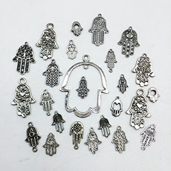 25pc Antiqued Silver Hamsa Hands Connectors Bead Frames Charms Pendants Jewel...