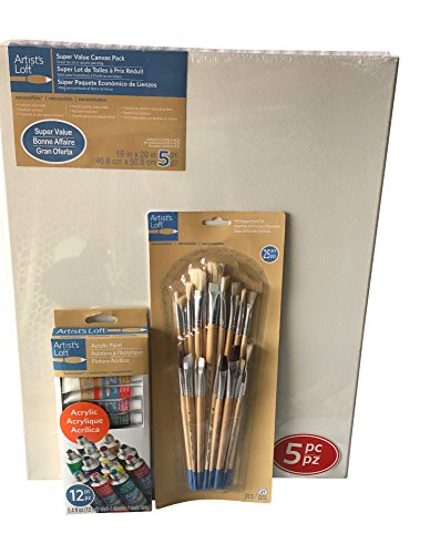 Artist's Loft 16x20 Canvas Bundle- 5 Pack Canvases with All Purpose Brushes and Acrylic Paints
