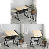 4everwinner Height Adjustable Drafting Desk Drawing Table Tiltable Tabletop with Stool and 2 Storage Drawer for Reading, Folding Draft Table Painting Writing Art Craft Desk Work Station (Wood)