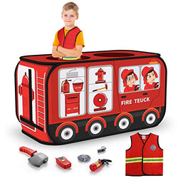 Temi Fire Truck Tent - Foldable Pop Up Pretend Play Tent | Playhouse for Kids Outdoor Indoor | Included Role Play Firefighter Costume and Fire Tools (44x26in)