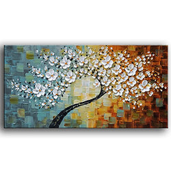 YaSheng Art -100% Hand-Painted Contemporary Art Oil Painting On Canvas Texture Palette Knife Tree Paintings Modern Home Interior Decor Abstract Art 3D Flowers Paintings Ready to Hang 24x48inch