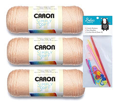 Caron Simply Soft Light Country Peach 3-Pack Bundle with Bella's Crafts H/5mm Crochet Hook, 10 Stitch Markers and 4 Plastic Yarn Needles