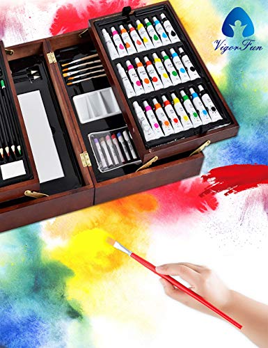 Art Supplies 85 Piece, Vigorfun Deluxe Wooden Art Set Crafts Drawing  Painting Kit with 2 Sketch Pads, Oil Pastels, Acrylic, Watercolor Paints