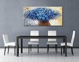 Winpeak Art Hand Painted Abstract Canvas Wall Art Modern Textured Blue Flower Oil Painting Contemporary Artwork Floral Hangings Stretched and Framed Ready to Hang (32" W x 16" H, Blue)