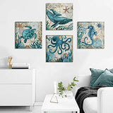 YOOOAHU 4 Piece Canvas Prints Home Wall Decor Art Ocean Watercolor Sea World Animal Home Sea Turtle Seahorse Whale Octopus Pictures Modern Artwork Stretched and Framed Ready to Hang -24"x24"x4 Panels