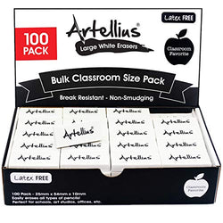 White Erasers Pack of 100 - Large Size Latex & Smudge Free for Art Classrooms, Drawing, Teachers, Homeschool, and More!