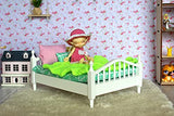 1:12 scale doll bed, dollhouse bedroom furnishing. White bed green mattress pillows blanket