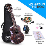 Pyle, 4-String Learn to Play Kit-Solid Wood Mahogany Soprano Ukulele Professional Instrument with Flamed Brown Body, Black Walnut Fingerboard and Bridge PUKT5580