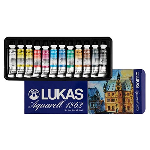 Lukas Aquarell 1862 Artist Watercolor Paint Set - Introductory Kit of Professional Quality, Vivid Colors with Improved Color Lifting and Superior Transparency - 12 x 10 ml Tubes